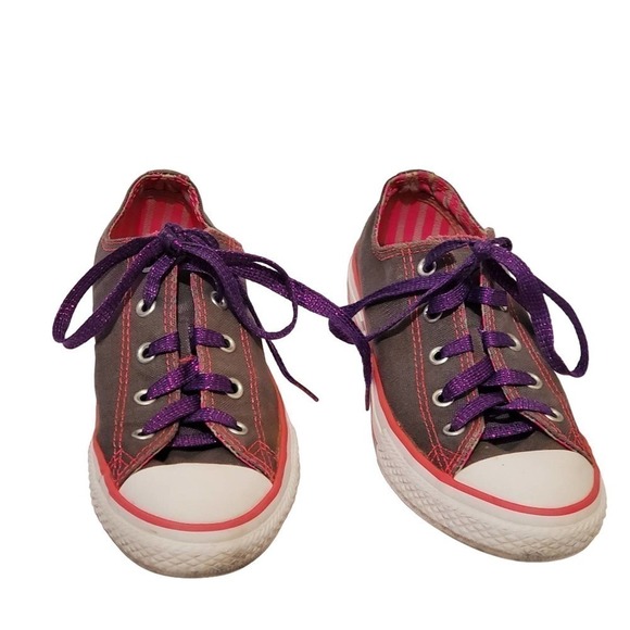 Converse All Star Sneakers Kid Size 2 Low Top Gray Pink Double Tongue - Picture 1 of 10
